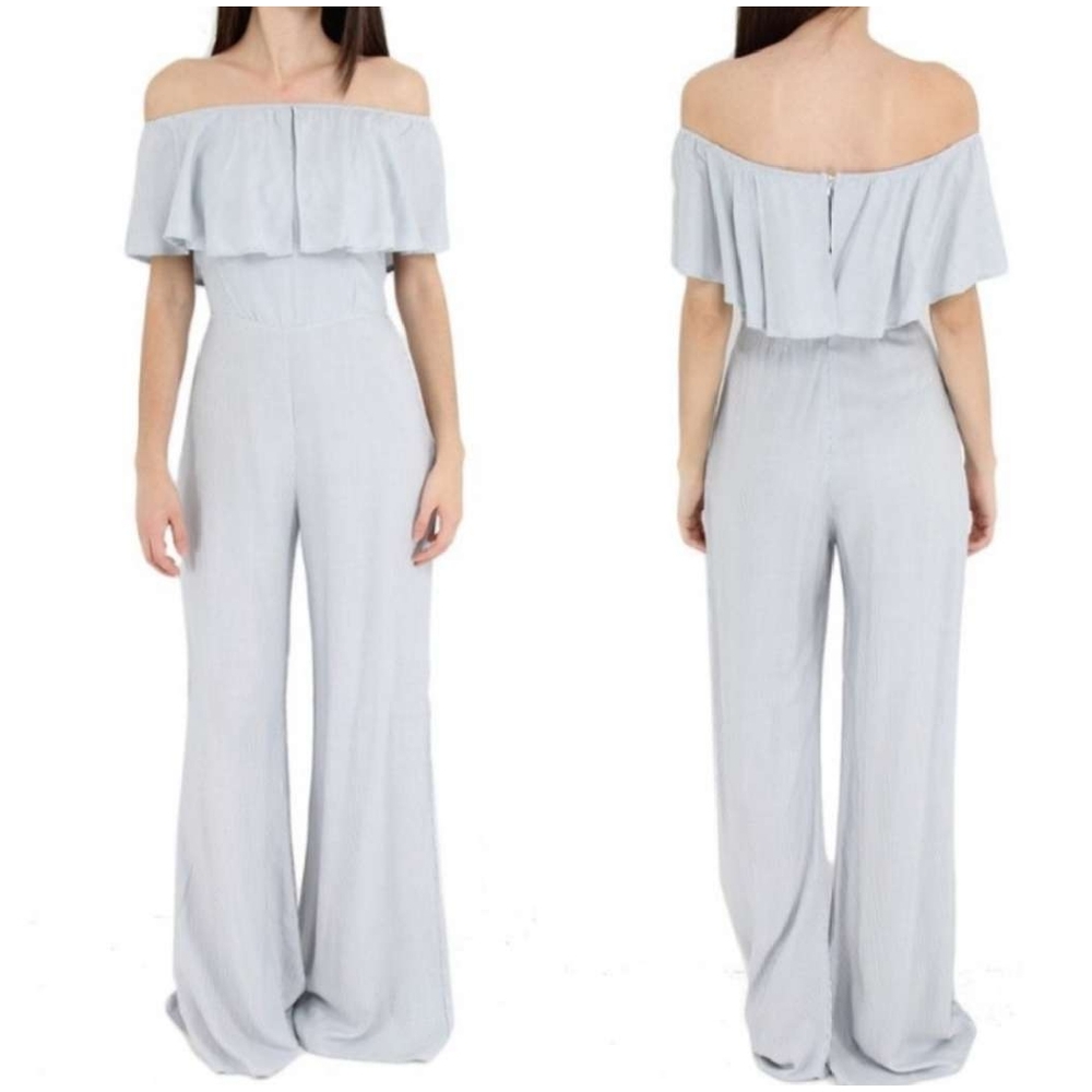💋 WILDFOX Harlow Chambray Stripes Off The Shoulder Jumpsuit